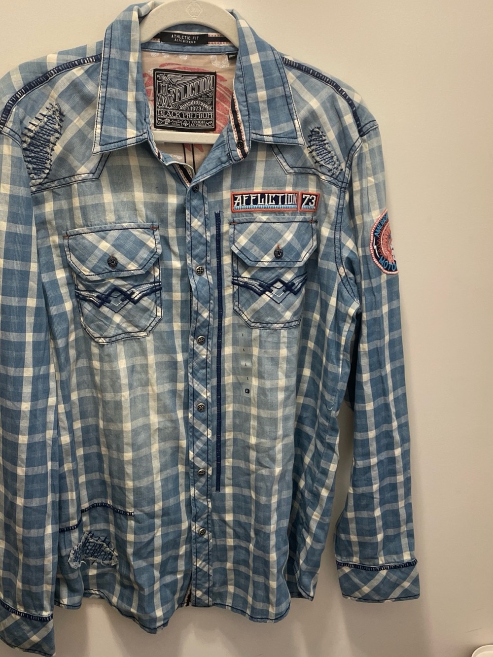 Affliction Black Premium Blue Plaid Snap Western Grunge Men's Top